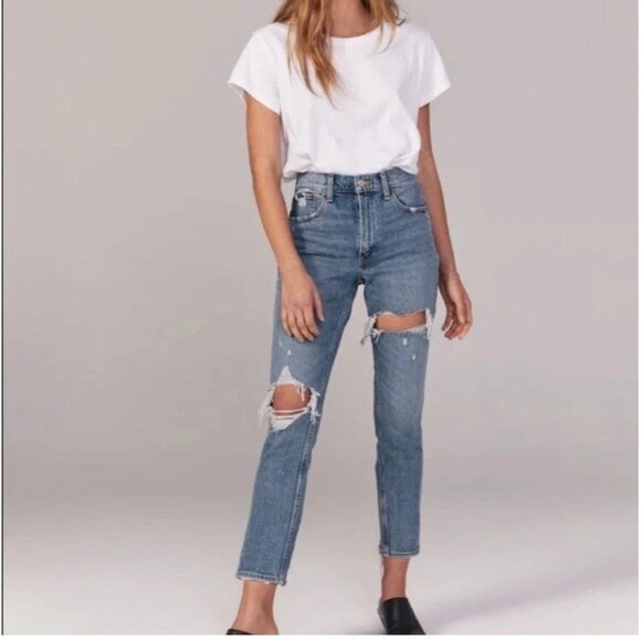 ABERCROMBIE High Rise Mom Jeans Ripped Distressed Straight Leg Womens 26 - Picture 1 of 11